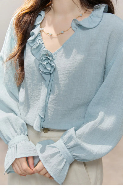 Women's Asymmetric Ruffled V-neck Shirt Spring Light Blue Floral Applique Ruffle Cuffs Top Elegant Loose Shirt MXF14C2448