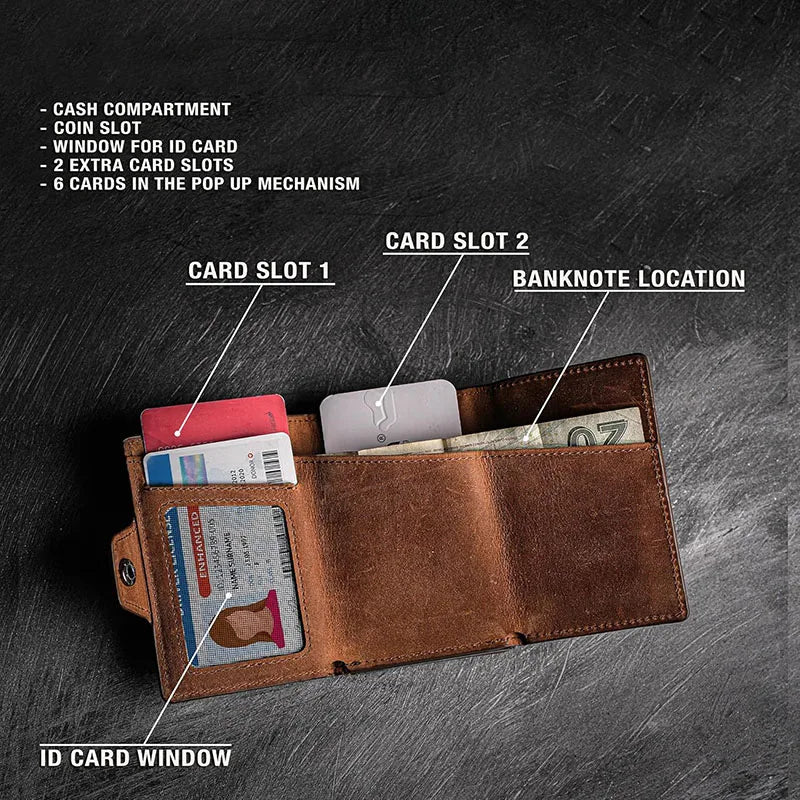 Pop-Up RFID Slim Card Holder Wallet for Men Minimalist Leather Credit Card Wallet with Cash Slot Coin Pocket EDC Travel Wallet