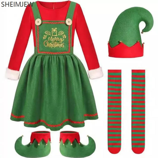 Funny Adult Santa Claus Cosplay Costume Boys Girls Green Christmas Elf Clothes Family Outfit New Year Christmas Dress Set