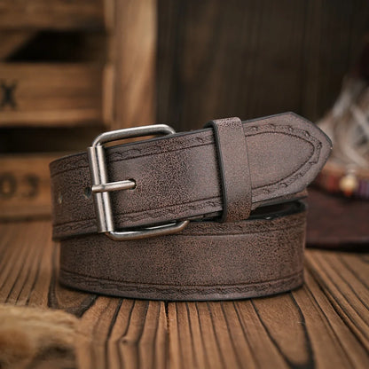 A Men's and Women's Matching Belt with Retro Button Closure, PU Faux Thread Embossed Belt, Casual Style, Versatile.