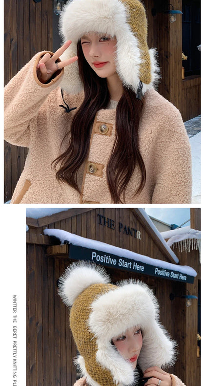 Russian Hat Ushanka Thick Warm Fluffy Fur Hat Women Snow Ski Earflap Cap Female Knitted Hat Skullies Beanies Bomber Hats
