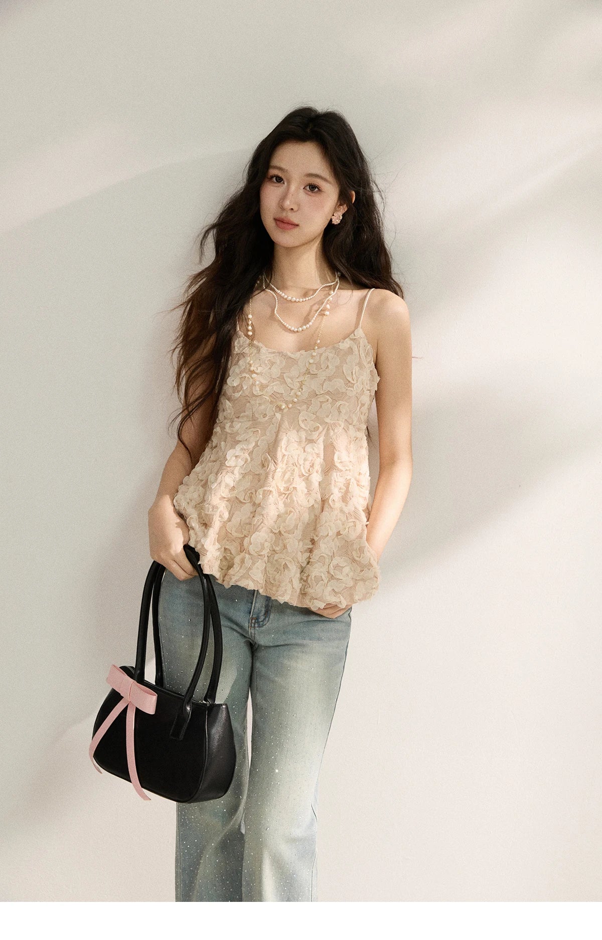 Women's Cherry Blossom Pink 3D Petal Camisole Tank Top 2026 Summer New Spaghetti Strap Ruffle Hem Inner Vest MXF16D2373