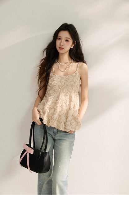 Women's Cherry Blossom Pink 3D Petal Camisole Tank Top 2026 Summer New Spaghetti Strap Ruffle Hem Inner Vest MXF16D2373