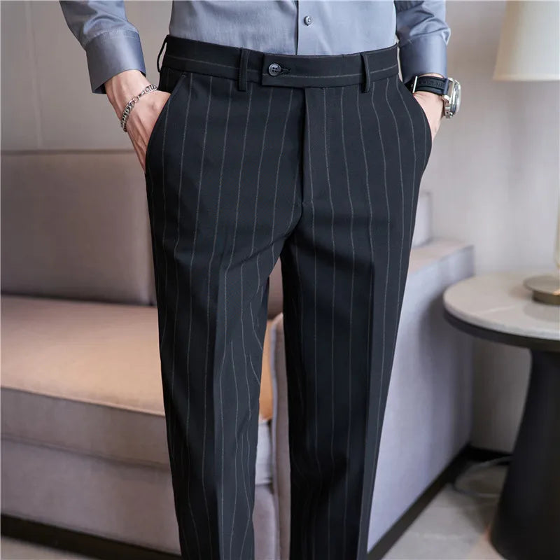 Autumn New Fashion Stripe Men's Suit Pants High Quality Straight Long Classic Business Elegant Slim Fit Casual Trousers 38-29