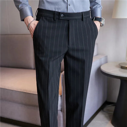 Autumn New Fashion Stripe Men's Suit Pants High Quality Straight Long Classic Business Elegant Slim Fit Casual Trousers 38-29