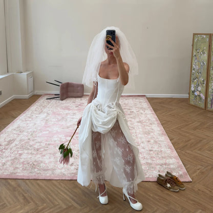 Strapless Satin Wedding Dress Asymmetrical Lace Bridal Gown Minimalist Civil Elopement Wedding Dresses For Bride Customized
