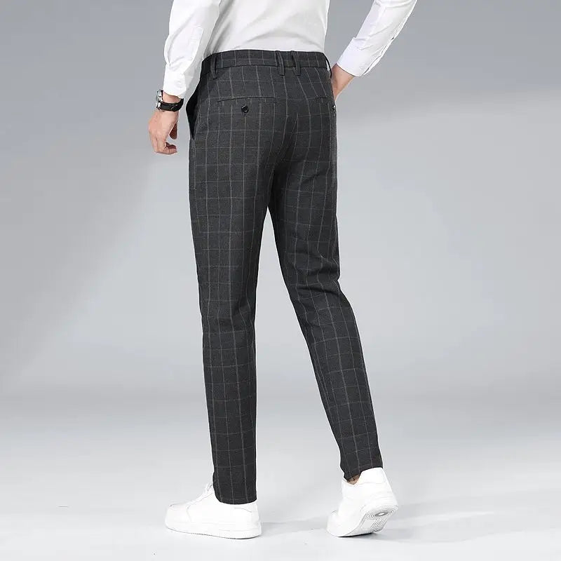 Autumn Winter Men's Business Casual Plaid Pants Korean Fashion Stretch Slim Fit Suit Pants Male Office Formal Versatile Trouser