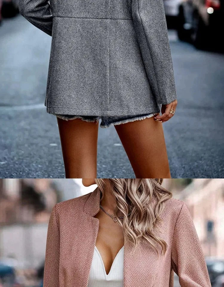 Commute Style Simple Design Woolen Suit Coat Pink Lapel Open Cardigan Short Length Polyester Fiber Women's Fashion Outerwear