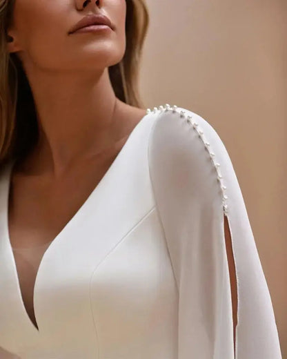 Customized Wedding Dresses for Bride  Long Sleeves V Neck Simple Bridal Gown with Pearls A Line Robe De Mariee