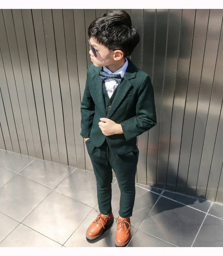 Boys Dark Green Formal Wedding Party Suit Children Blazer Vest Pants Tie 4 PCS Tuxedo Kids Performance Photography Dress Costume