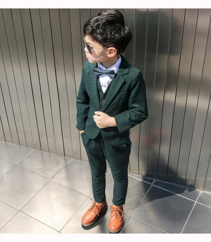 Boys Dark Green Formal Wedding Party Suit Children Blazer Vest Pants Tie 4 PCS Tuxedo Kids Performance Photography Dress Costume