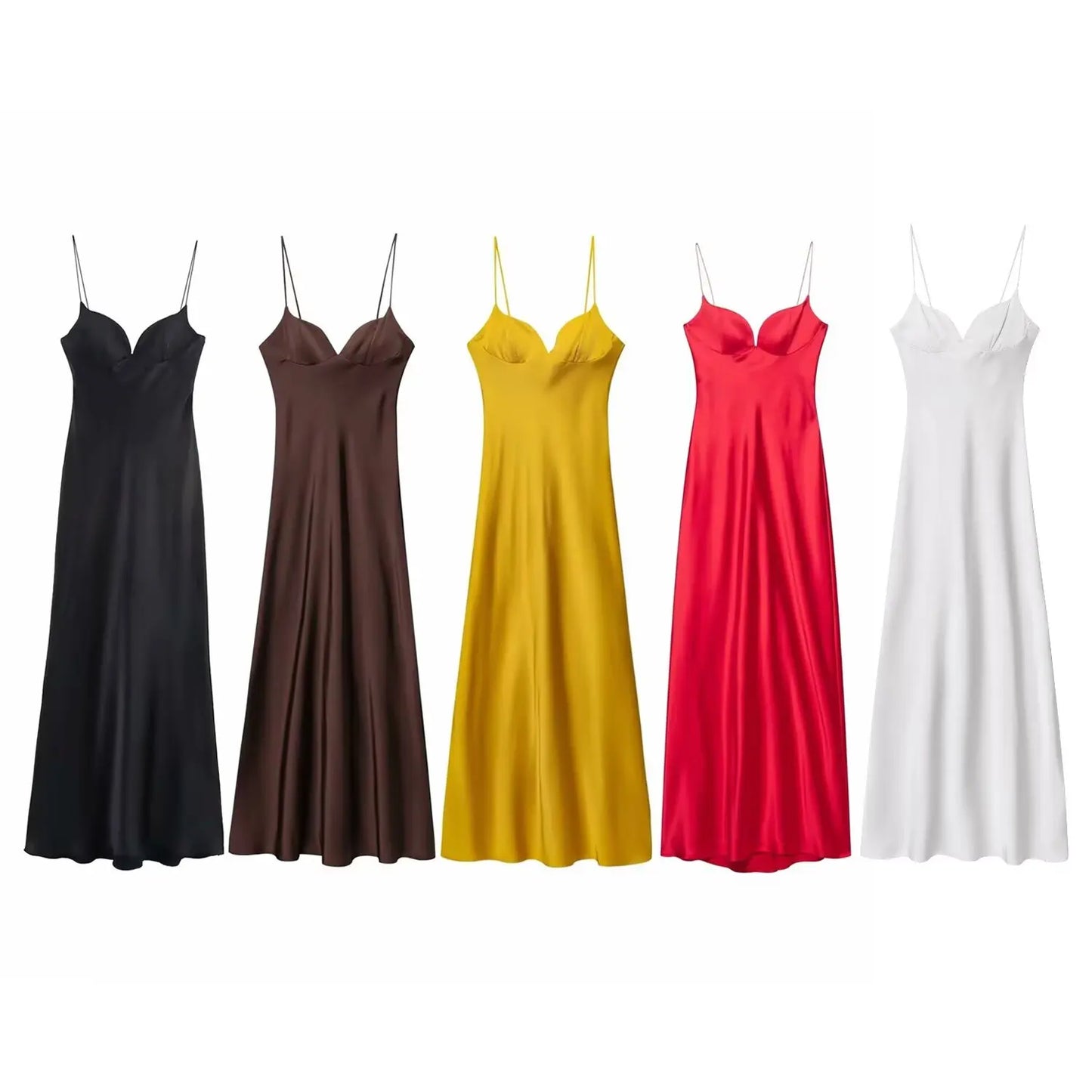 2025 Women Red V-Neck Holiday Style Satin Texture Long Dress Sleeveless Summer Women's Back Zipper Fashion Sling Dresses