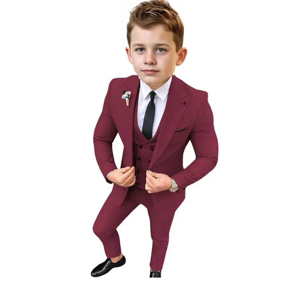 Boys Formal Slim Fit Suits 3 Pieces Holiday Celebration Outfit,Autumn Long Sleeve Kids Peak Lapel Suit Set Wedding Guest Wear