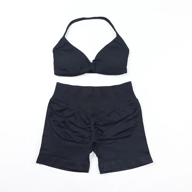 Scrunch Seamless Yoga Set Women Sportswear Ribbed Gym Shorts Strappy Sports Bra 2 Piece Set Halter Workout Clothes Fitness Suit