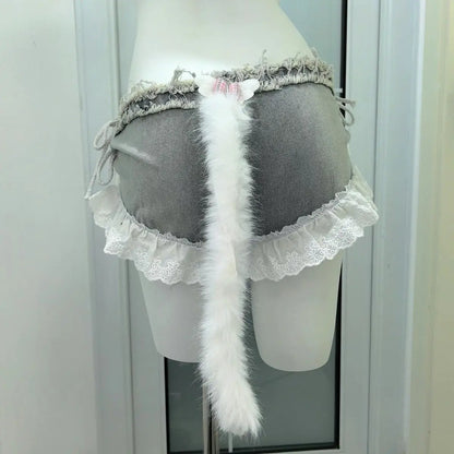 Niche Designer Handmade Cute Sexy Lace Hot Girl Sling Stitching Low Waist Super Short Shorts
