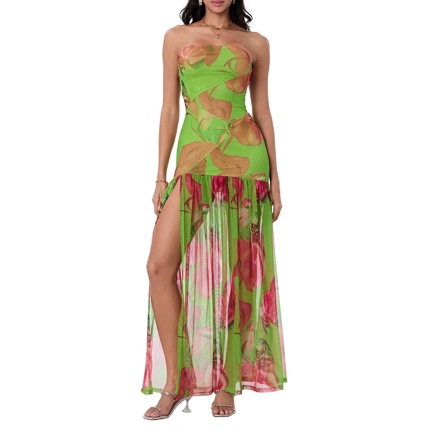 Women Tube Top Dress Slim Strapless Backless Mesh Patchwork Tropical Print High Slit Long Dress for Party Club Night