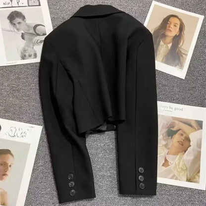 Black Cropped Blazers Woman Trend 2025 New All-match Notched Collar Crop Jacket Women Korean Chic Single Button Suit Coat
