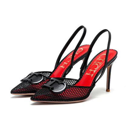 Women's High Heels 2025 Summer Breathable Mesh Black Business Sandals 9cm