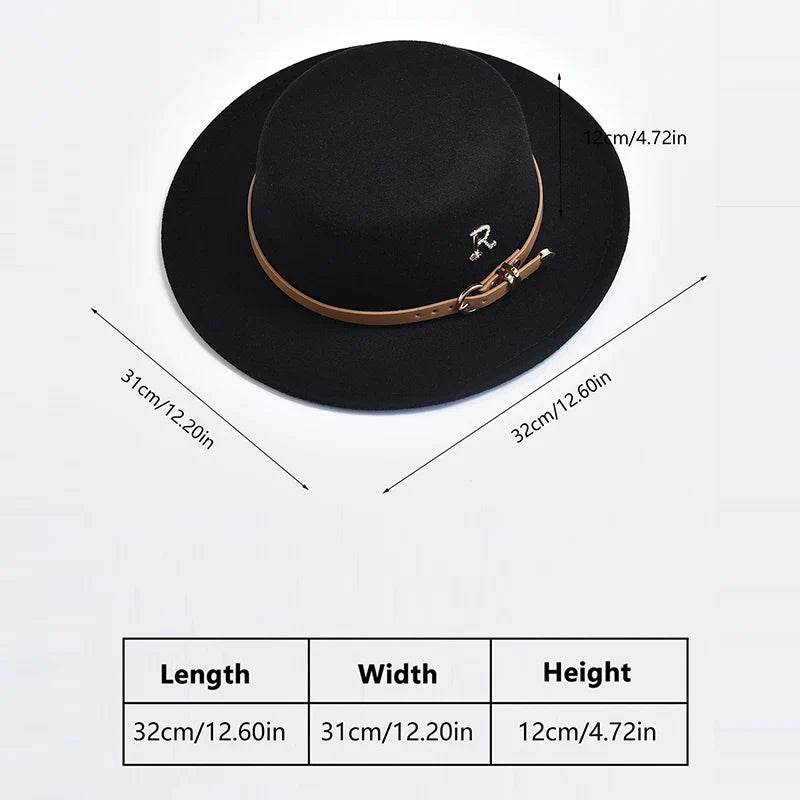 New Metal R Letter Fedora Hat for Women Fashionable Winter Flat Top Wedding Church Bowler Cap Females Elegant Holidays Hat