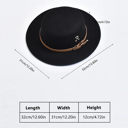 New Metal R Letter Fedora Hat for Women Fashionable Winter Flat Top Wedding Church Bowler Cap Females Elegant Holidays Hat
