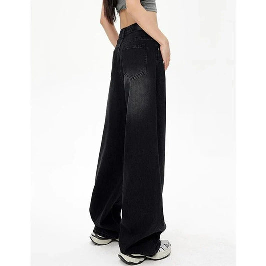 Lady Retro Black Gray High Waist Jeans Pants Women Fashion Straight Leg Denim Trousers Girls Loose Fit Thin Casual Pants