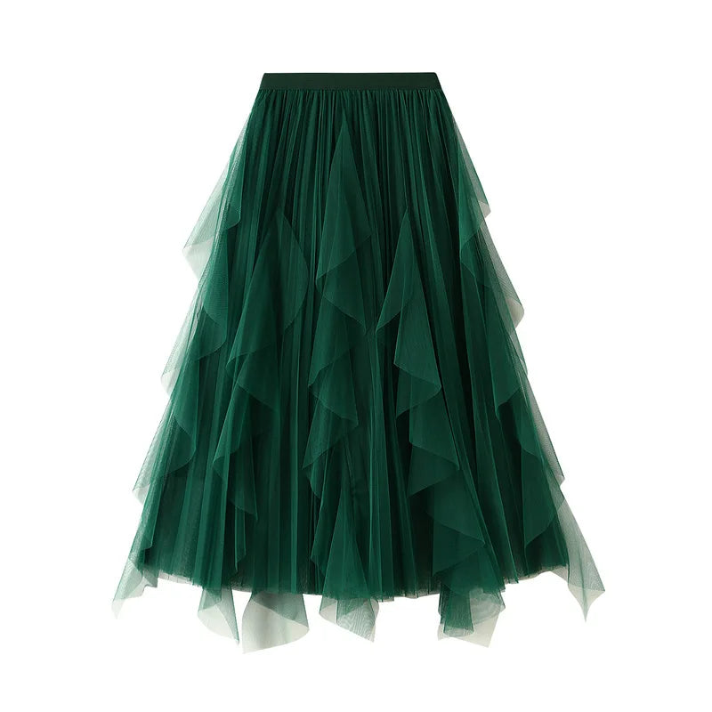 Women's Lotus Leaf Edge A Line Fairy Elastic Waist Tulle Skirt Midi High Waist Mesh Dress Solid Color Irregular Yarn Skirt D8808