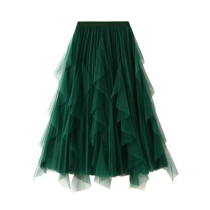 Women's Lotus Leaf Edge A Line Fairy Elastic Waist Tulle Skirt Midi High Waist Mesh Dress Solid Color Irregular Yarn Skirt D8808