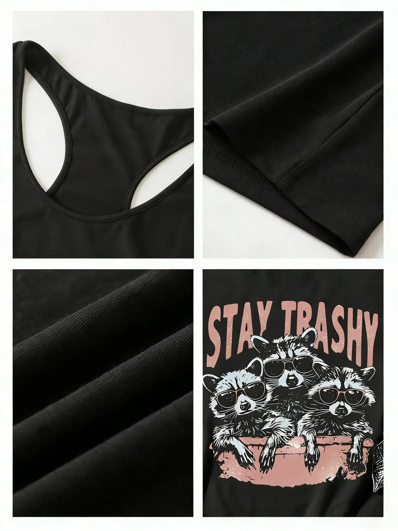 Summer Women's Plus Size Outfit, Funny Sunglasses, Raccoon Print Tank Top, High Street Style Black Casual Sleeveless Top