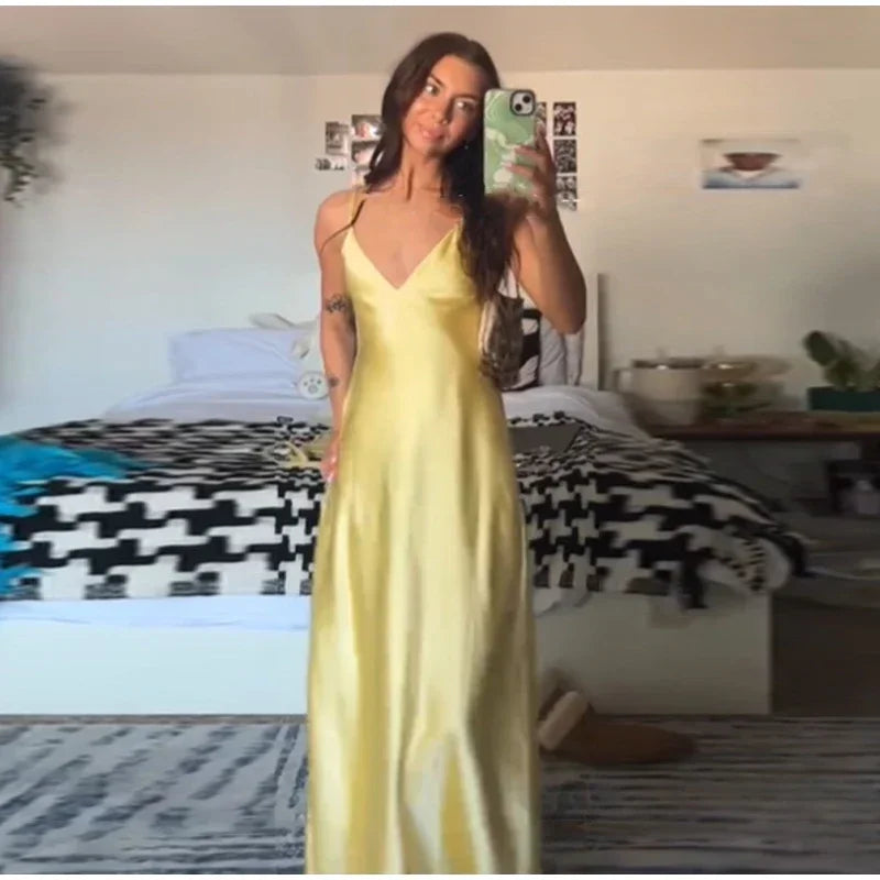 Yellow Satin Sling Dress Women Elegant V Neck Sleeveless Backless High Waist Maxi Dresses 2025 Summer Lady Party Evening Robes