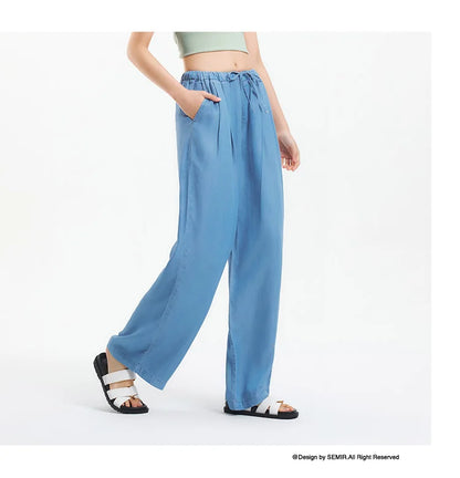 Elastic Waist Denim Pants Women Draped Fit 2025 Summer New Cooling Wide Leg Trousers