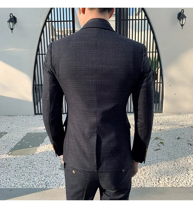 High Quality Slim-fit Men's Three-piece Suit with Vest And Trousers - Double Buckle Wedding Art Fabric Tough Man Suit
