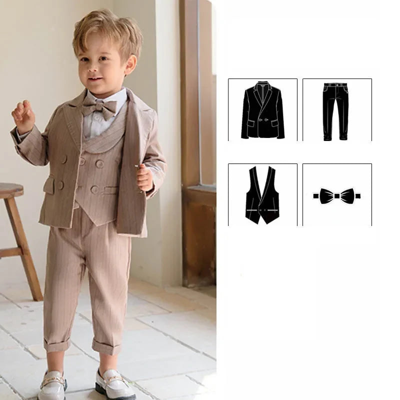 Children Luxurious Khaki Photography Suit Boys Formal Ceremony Costume Kids Birthday Wedding Party Performance Tuxedo Dress