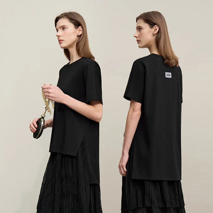 T-shirt Women 2026 Summer New O-Neck Side Slit Cotton Tee Embroidered Letter Lace Accent Women's Short Sleeve Tee 12652029