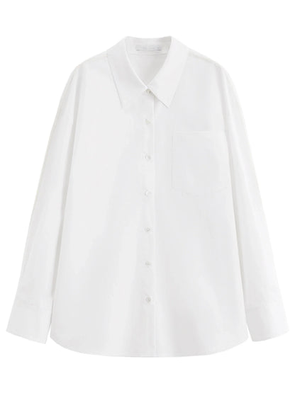 Women's French Loose Fit Cotton Shirt Long Sleeve Layering Top with Web Strap Detail Casual Oversized Blouse