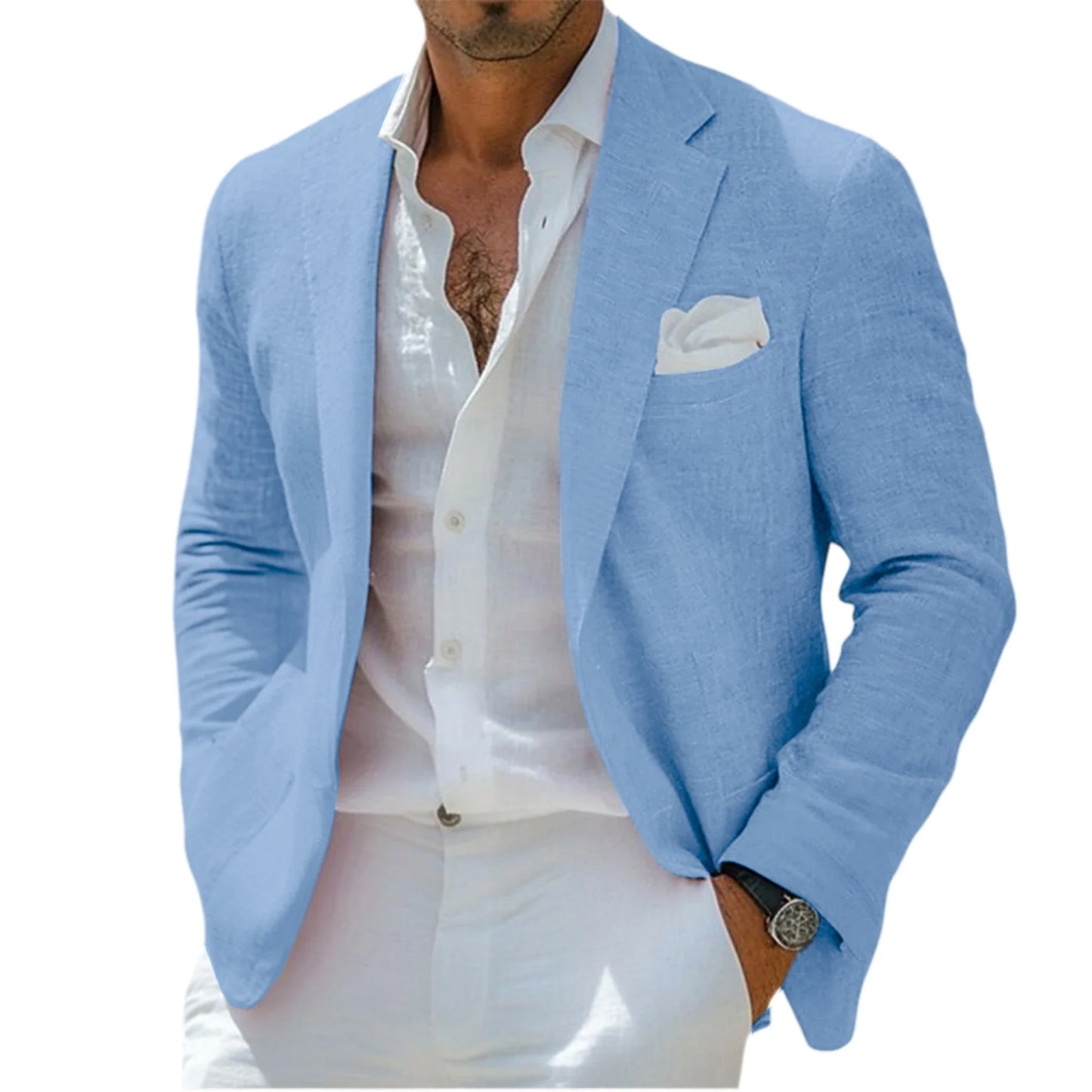 Men's Linen Blend Blazer Notched Lapel Single-Breasted Casual Business Sport Coat Slim Fit Breathable Lightweight Jacket
