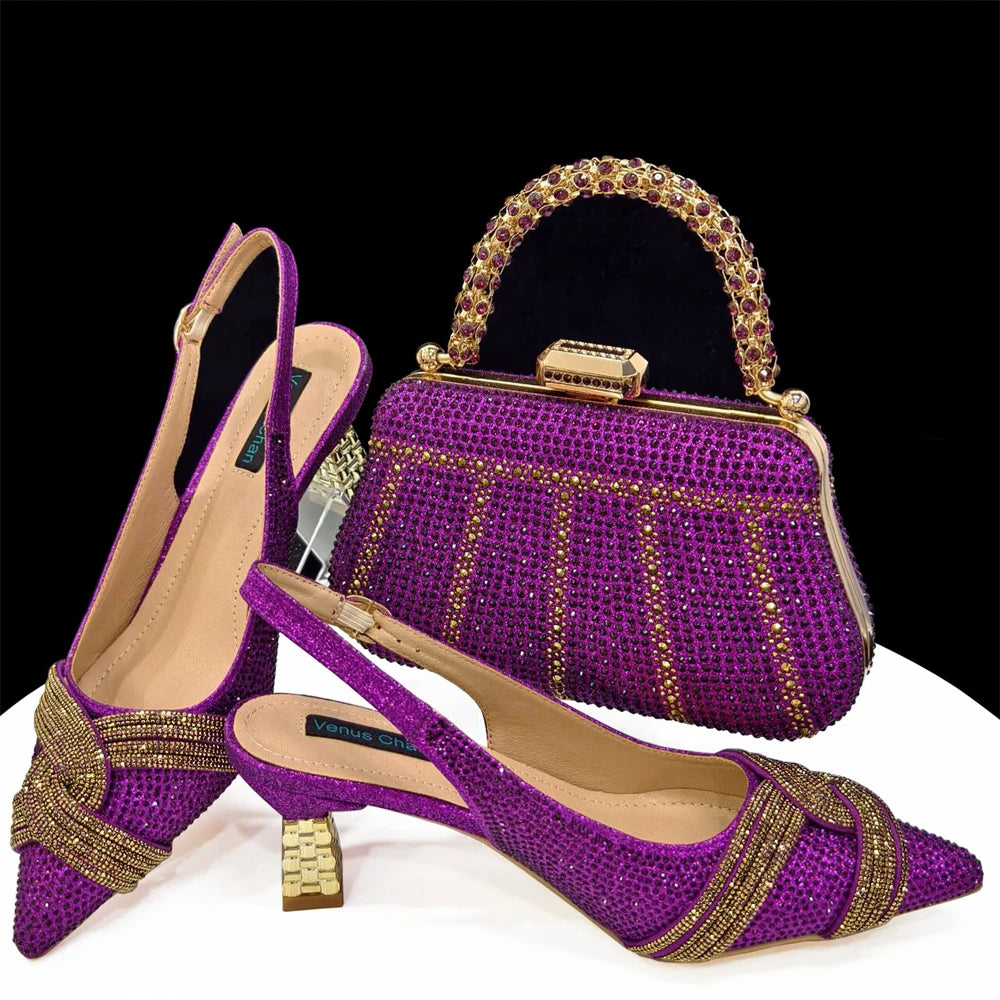 2024 Special Design High Quality Orange Color African Women Shoes and Bag Set with Shinning Crystal for Wedding Party