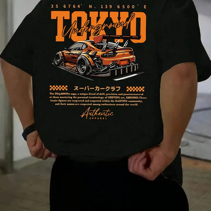 Men's Summer 100% Cotton Fashionable Casual Loose Large Size Japanese Tokyo Pattern Printed Round Neck Short Sleeve T-shirt Top