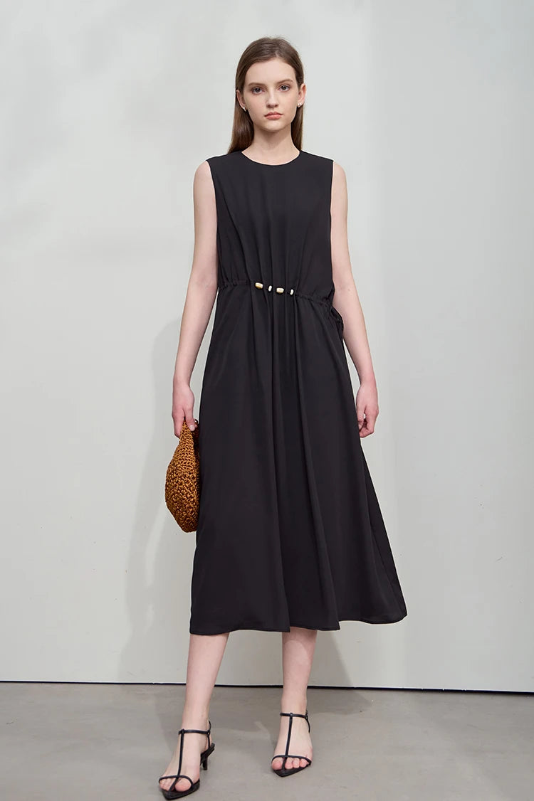 Minimalism Dresses 2025 Summer Vocation Women Loose Long Dresse Sleeveless High Waist Design Bead Drawstring Dress 12542177