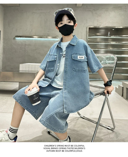 New Casual Kids Child Summer Denim Suit for Teenage Boy High Fashion Short Sleeve Shirt + Shorts 2 Pieces Clothing Set Age 5-14Y