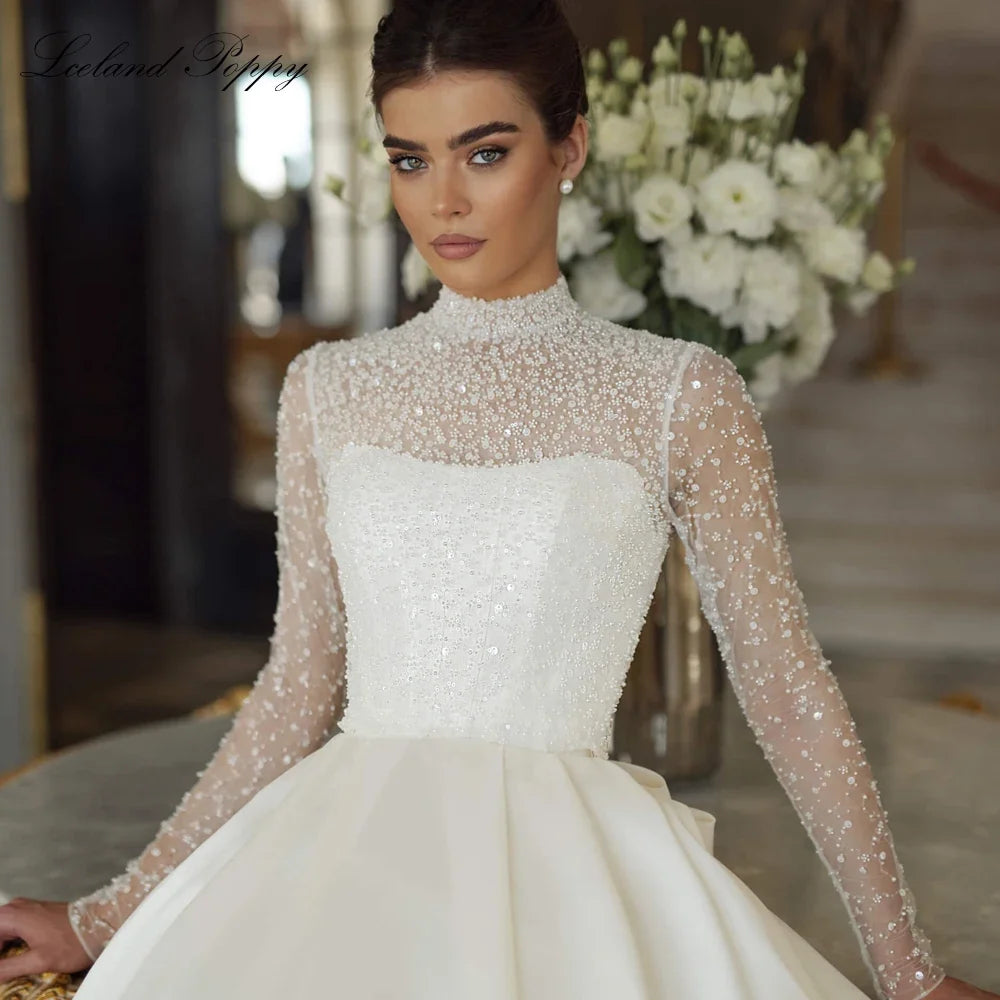 Customized A Line Satin Wedding Dresses Full Sleeves Long Sleeves Beaded Lace Bridal Gowns with Removable Jacket