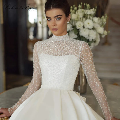 Customized A Line Satin Wedding Dresses Full Sleeves Long Sleeves Beaded Lace Bridal Gowns with Removable Jacket