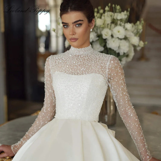Customized A Line Satin Wedding Dresses Full Sleeves Long Sleeves Beaded Lace Bridal Gowns with Removable Jacket