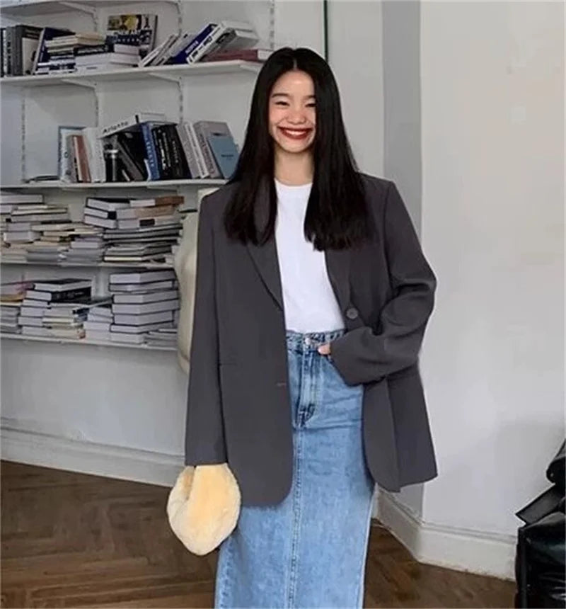 2025 Back Slit Design Blazer Coats Women Casual Fashion Loose Korean Jackets Streetwear Chic Long Sleeve All Match New Suit Tops