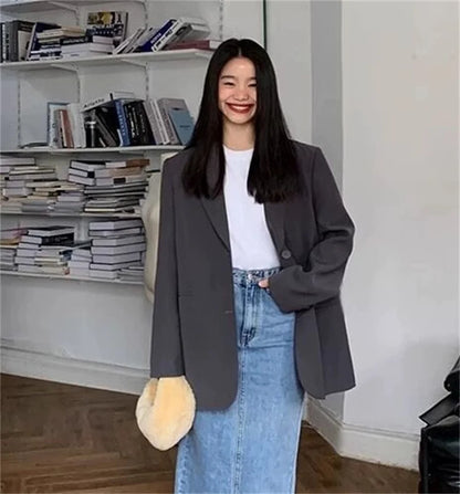 2025 Back Slit Design Blazer Coats Women Casual Fashion Loose Korean Jackets Streetwear Chic Long Sleeve All Match New Suit Tops