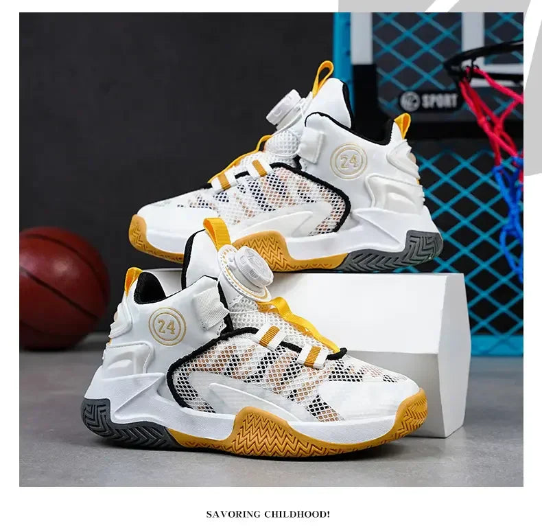 Boys Girls Quick Twist Lace Basketball Shoes Wear Resistant Comfortable Outdoor Athletic Footwear