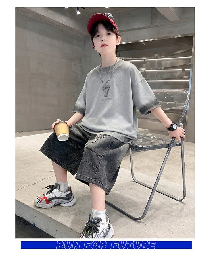 Luxurious Teen Boys Set For Child Elegant T-shirts + Denim Shorts 2PCS Clothes Set Summer Kids Luxury Clothing Set Age 6 To 16 Y