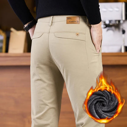 2025 Winter Fleece Pants Men's Pocket Fashion Thickened Cotton Stretch Comfort Plush Straight Business Pants Male