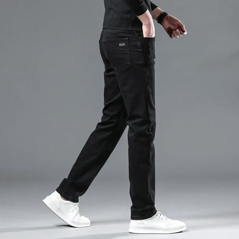 Winter Men Black Straight Stretch Denim Thick Velvet Pants Warm Jeans Casual Fleece Line Trousers Male Plus Size