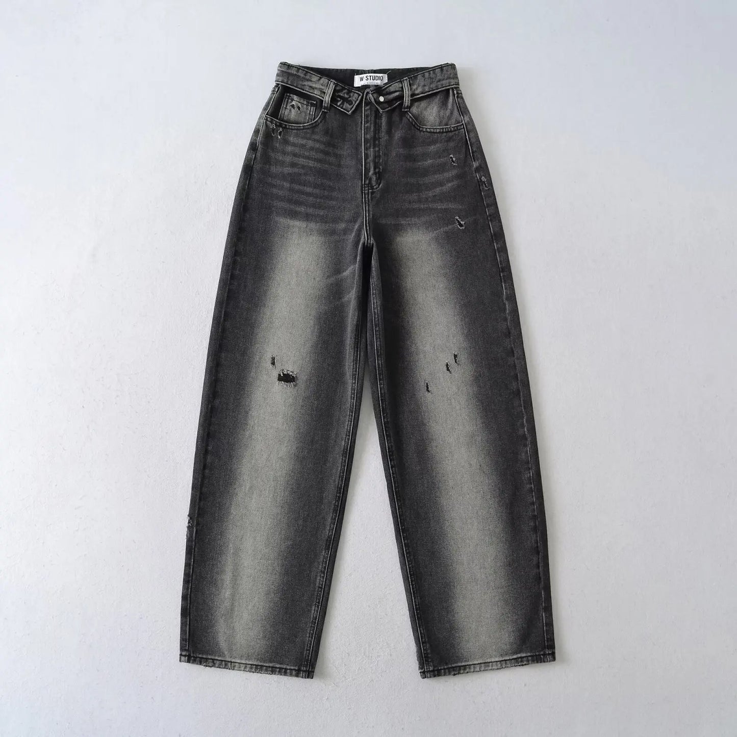 American Retro Cuffed High Waist Slimming Casual Denim Jeans Women's Autumn Versatile Loose Straight Leg Floor-Length Pants