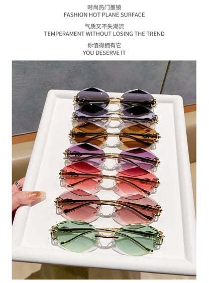 2026 New Fashion Leopard Head Frameless Oval Sunglasses Women Men Internet Celebrity Female Sunscreen Sun Glasses High-end UV400